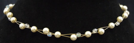 Gold wire pearl and ab crystal necklace
