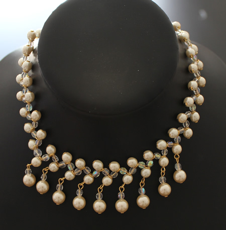 Pearl and AB Crystal Zig Zag Necklace in Gold