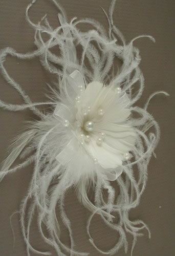 White Feather Fascinator with Ribbons and Pearls