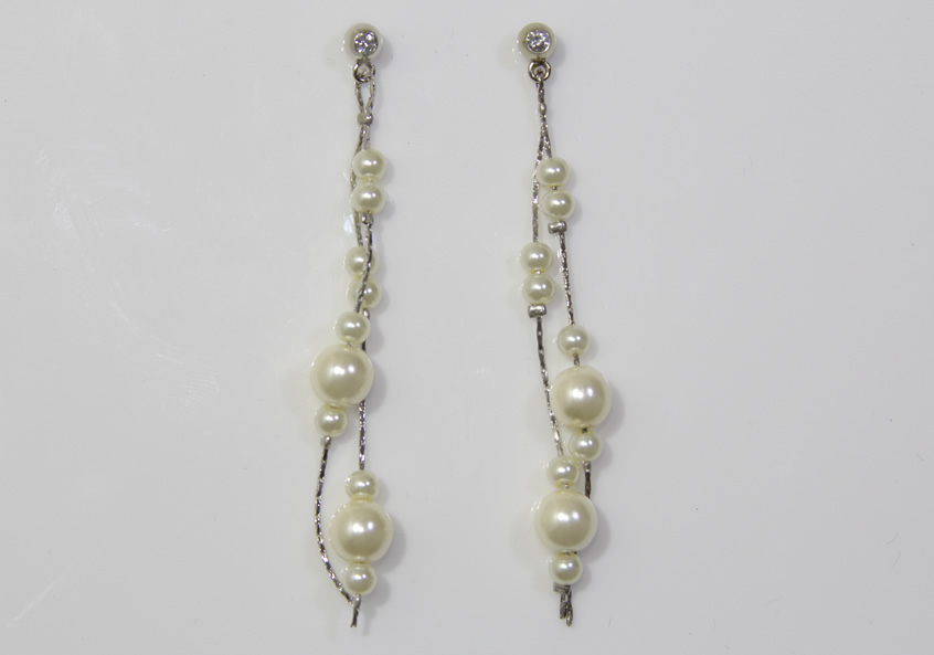 Image of Double Silver Strand Pearl and AB Crystal Earrings